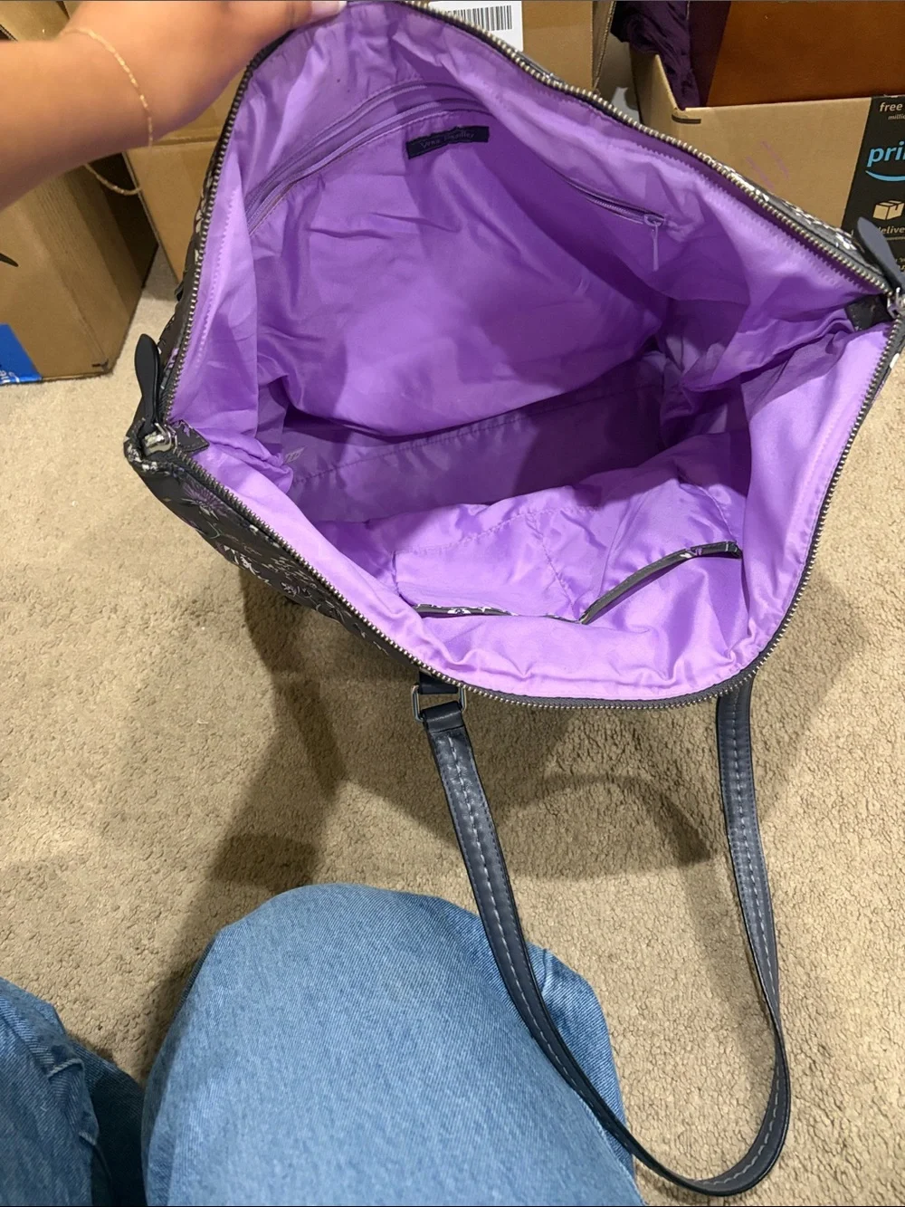 Vera Bradley Quilted Floral Tote in Charcoal Gray and Purple Accents